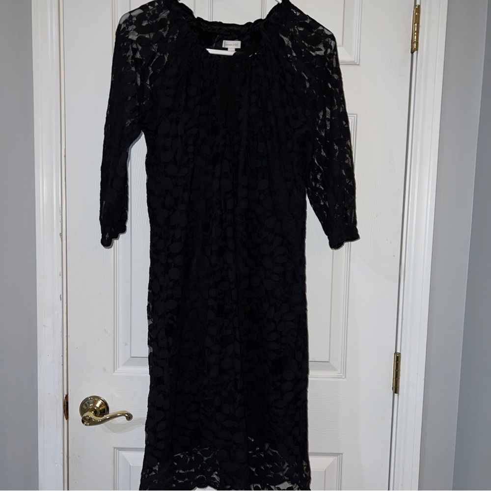 Garnett Hill Black 3/4 sleeve knee length Lace sheath dress Ribbon Tie Sz 14
